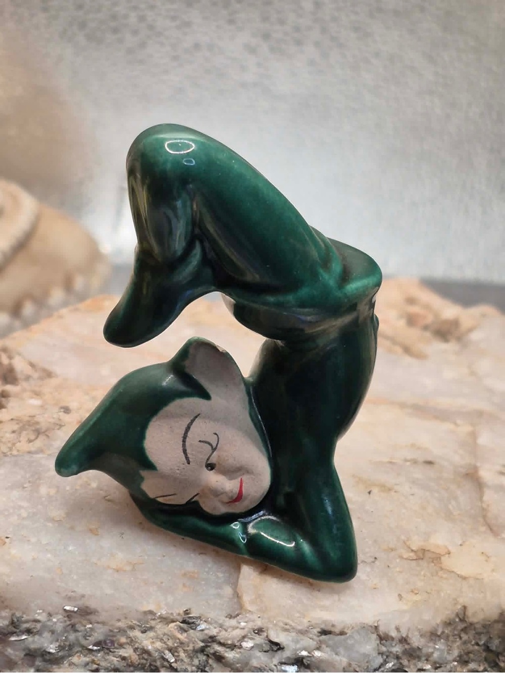 MCM Vintage Gilner Pixie - Miniature Green Elf Figurine with Feet Behind Head
